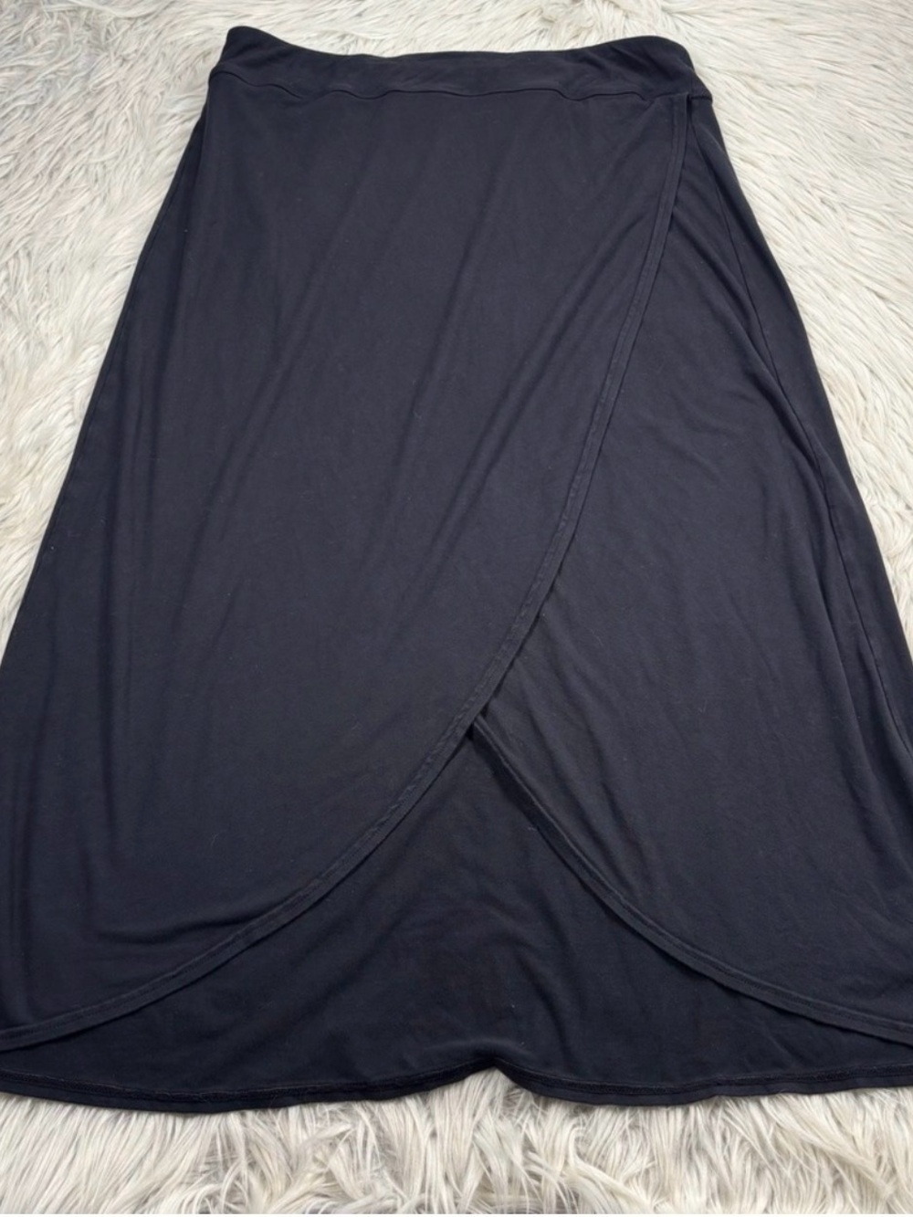 Athleta Women's L Black Stretch Knit Pul On Wrap Midi Skirt Travel Resort Boho